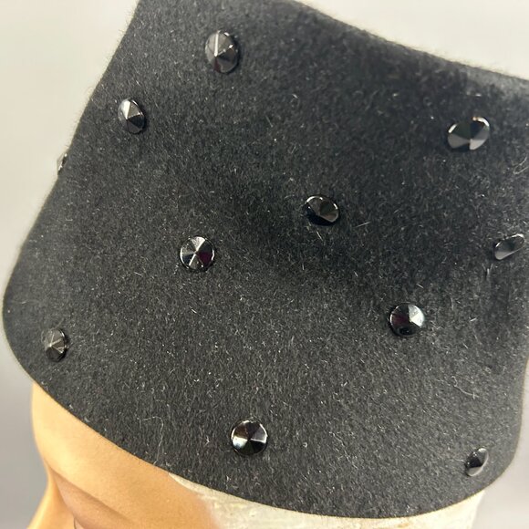 1940s Black Felt Military Hat w/ Jet Beads | Tall Vintage New York Creation Hat main image 8